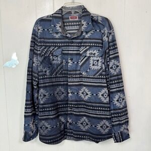 Wrangler Aztec Southwestern Fleece Button Up Shirt Size Large Blue Pockets